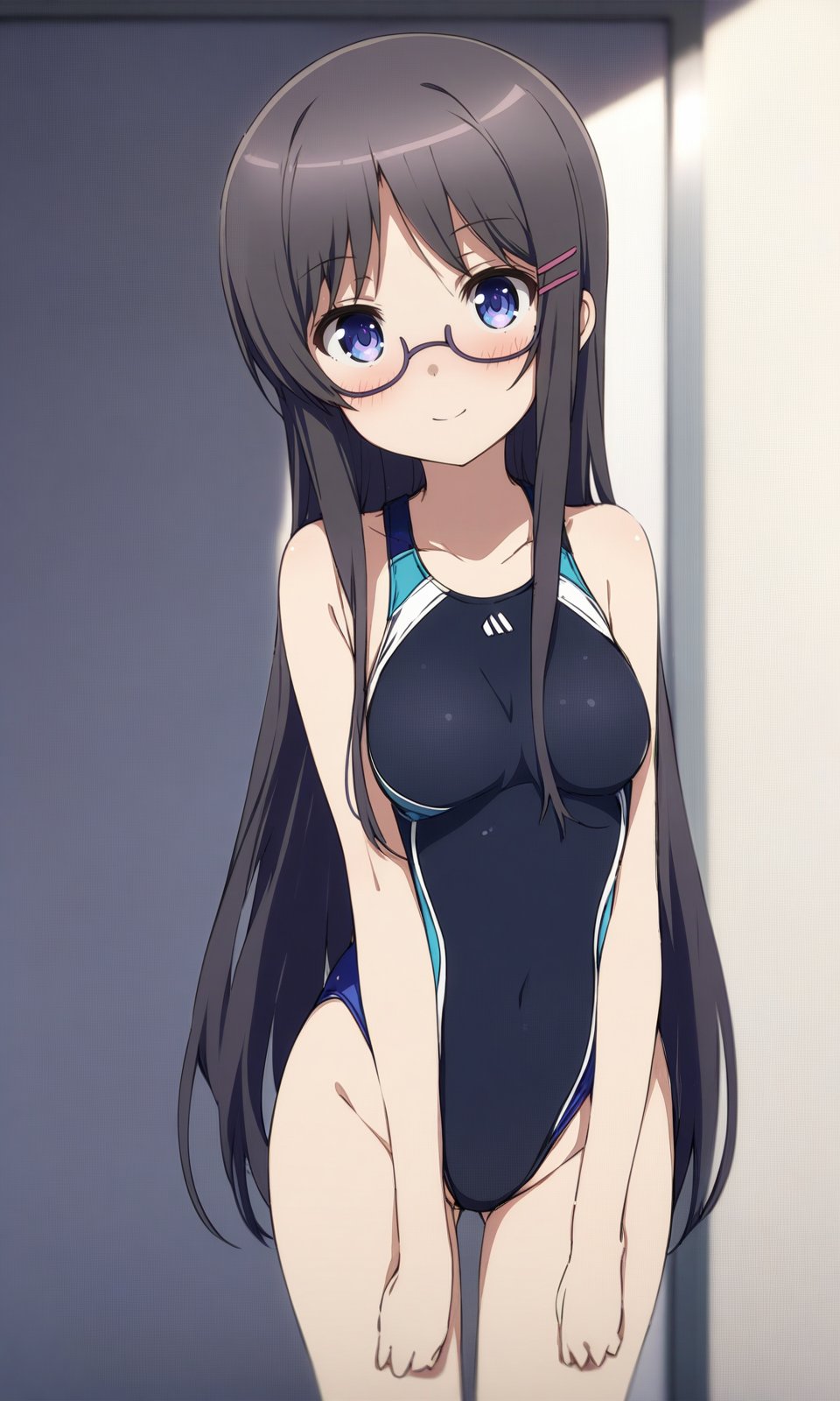 masterpiece, best quality, by ogipote, BREAKsolo, endourino, medium breasts, narrow waist, wide hips, competition swimsuit, looking at viewer, light smile, standing, <lora:EndouRino_XL:1> 