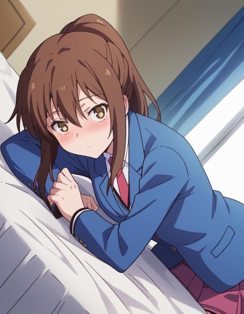 score_9, score_8_up, score_7_up, source_anime,nanamiaoyama, <lora:nanami-aoyama-s1-ponyxl-lora-nochekaiser:1>,nanami aoyama, long hair, bangs, brown hair, hair between eyes, brown eyes, ponytail, sidelocks,skirt, school uniform, jacket, pleated skirt, necktie, blazer,indoors, bed, bed room, on side, blush, drunk,looking at viewer, cowboy shot, solo, dutch angle