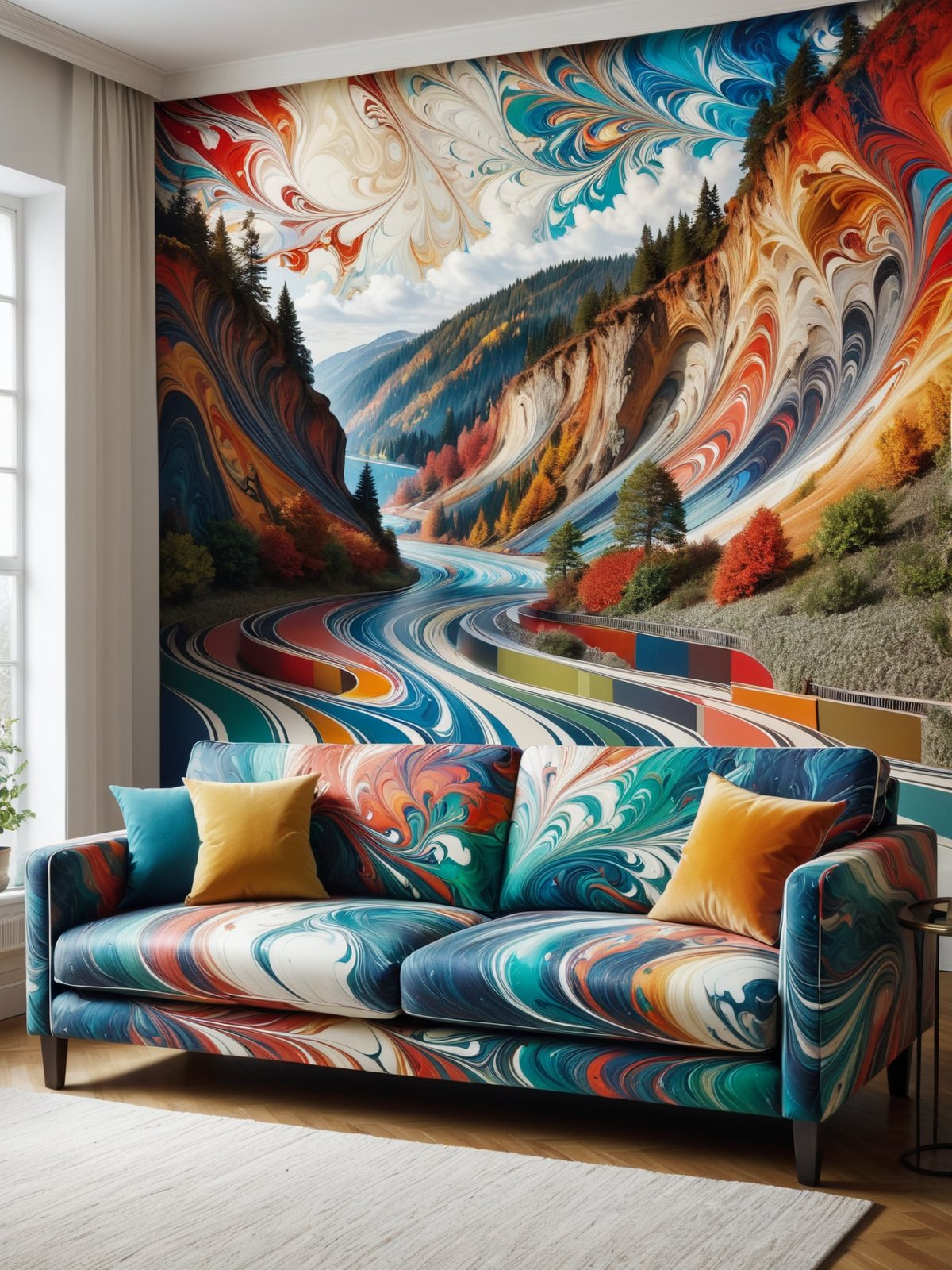 mad-marbled-paper sofa in living room, photo of a landscape on the wall,  <lora:Colorful_Marbled_Paper_SDXL:0.8>, (masterpiece:1.2), best quality