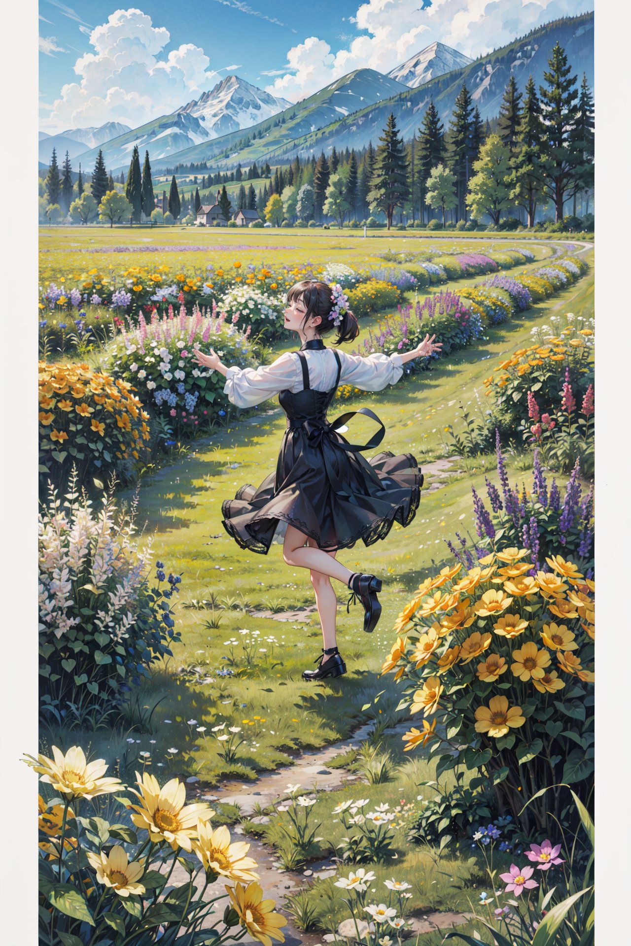 ((best quality, masterpiece, absurbres, super-resolution)),  A flower field with different species of flowers, (Different types of flowers), Dancing in the field