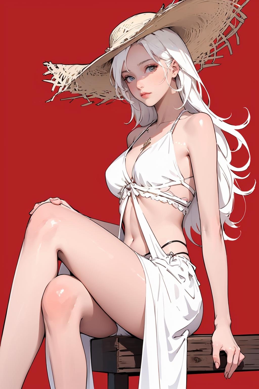 (masterpiece, best quality,masterpiece,illustration,),red background,very long hair,white hair,solo,cowboy shot,floating clothes,sitting,crossed legs,from side,<lora:whiteswimsuit:0.8>,whiteswimsuit,skirt,sun hat,