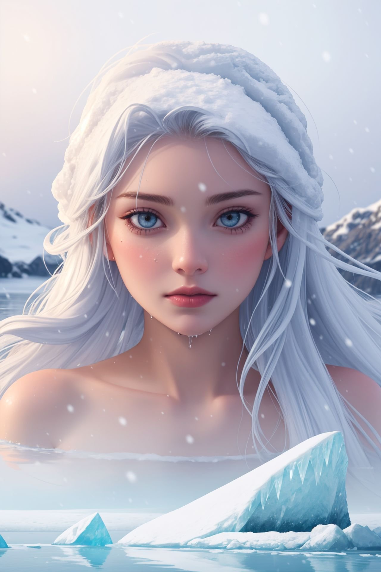 1girl, solo, heavy snow, completely nude, rushing out, swimming, submerged, slim, wet hair, detailed face, frozen body, fog, ice floes, icebergs, sprinkled with snow, ice floes, wet body, waves, image tint, realistic ice and snowbeautiful, detailed, best quality, high resolution, masterpiece, 8k, sharpness, elaborate, cinematic lighting