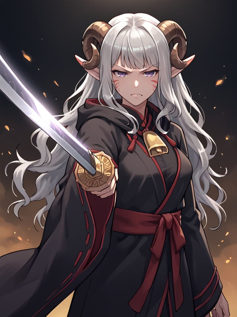 <lora:pointing_katana:0.8> katana:1.2, holding katana, looking at viwer,  source_furry, score_7_up, rating_safe, cowboy shot, gold necklace, tiefing, short pointed ears, brown horns, (a pair of brown sheep Horns that begin at her temples and curve back: 1.5), bangs, long silver hair long wavy hair, pale skin, <lora:whisker_markings:0.8>red whisker_markings ,short pointy ears, purple eyes, <lora:age_slider_v4:0.6>   medium breasts, skinny female,  silver hair, <lora:Tieflingnew weird fantasyDND:0.3> Tiefling, pointed ears, horns, half-closed eyes<lora:Smooth Style 2 SDXL_LoRA_Pony Diffusion V6 XL:0.5> bell, robe, hood off, fang , angry:0.7, <lora:high_guard_sword_parry_stance:0.2> high guard sword parry stance