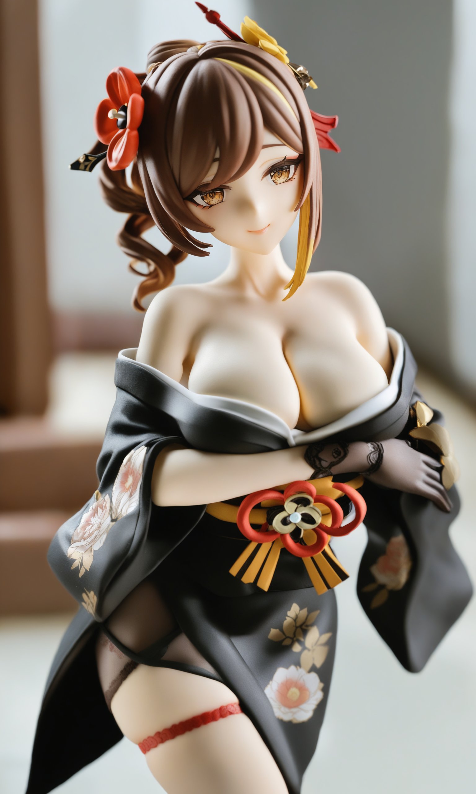 figure,masterpiece,best quality,<lora:Chiori:1>,chiori_(genshin_impact),1girl,solo,smile,kimono,looking_at_viewer,streaked_hair,brown_eyes,black_gloves,virtual_youtuber,crossed_arms,hair_flower,(blonde_hair,brown hair,off_shoulder),hight,