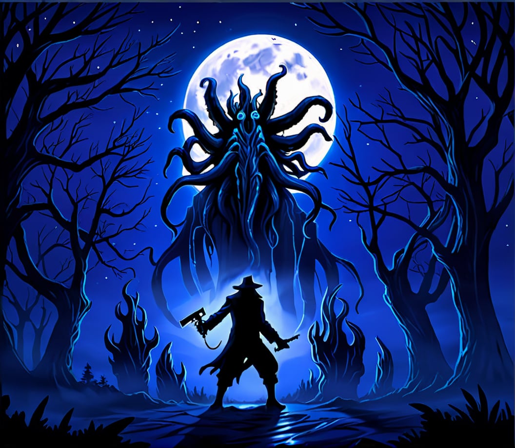 Cthulhu terror,30s of the 20th century,fantasy,silhouetted figure,enchanted forest,glowing runes,trees,full moon,night scene,mysterious,digital art,adventure,magical atmosphere,contrasting warm and cool colors,dramatic lighting,illuminated symbols,protagonist with weapon,action pose,sense of danger,vibrant,ethereal,dynamic composition,cthulhu mythos,lovecraftian horror,<lora:kesulu-10:0.6>,