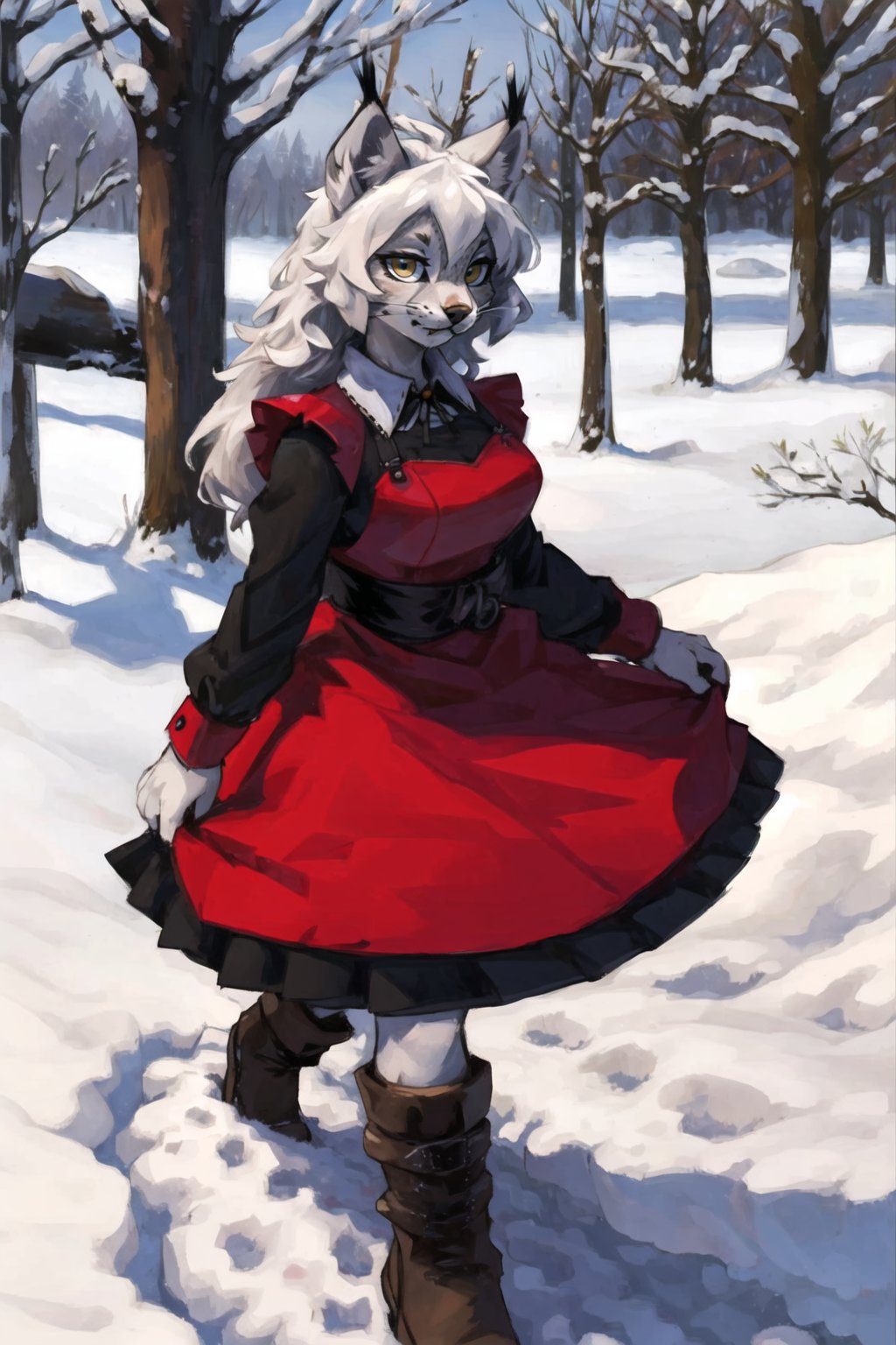 masterpiece, best quality,canadalynx, lynx, shanmao, sheli,looking at viewer, furry girl,white hair,long hair,maid,snow,outdoors,run<lora:Lynx:0.5>