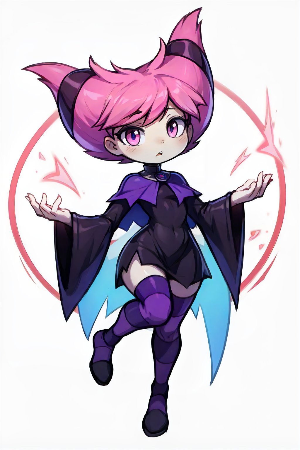 <lora:DC_Jinx-DEF:0.7> jinx, solo, chibi, short dress, capelet, striped legwear, wide sleeves, magic circles, full body, white background, (high resolution, detailed, best quality, sharp)