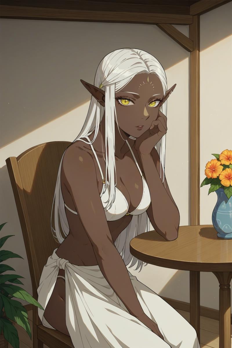 score_9, score_8_up, score_7_up, source_anime, 1girl, prefect lighting, very aesthetic, intricate details, highly detailed background, masterpiece, high quality, prefect hands, solo, <lora:Cithis:.75>,pointy ears, elf, forehead mark, dark skin, dark-skinned female, yellow eyes, white hair, Cithis, white bikini, white sarong, sitting on chair, at table, hand on face, patio, cowboy shot, hand on lap,expressionless, parted lips, Sunny, room, inside, beach, sea, mountains in the background,(Beautiful, medium Breasts:1.2), natural breasts,