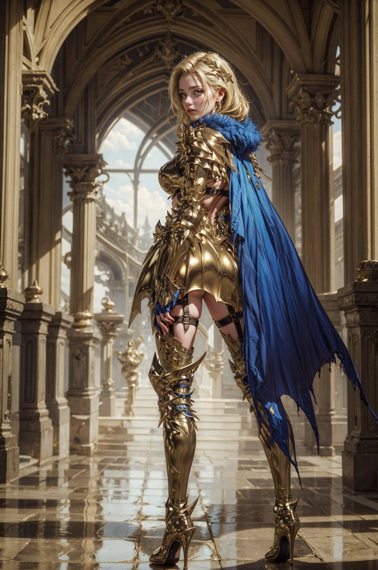 stunning woman wearing LAColdFury, <lora:LAColdFury:0.75>, (blonde hair:1.2),(long hair, hair over shoulder), garter strap, blue cape, gold armor, (gold boots), (high heel boots), BREAK, a knight holding a sword in a castle setting,