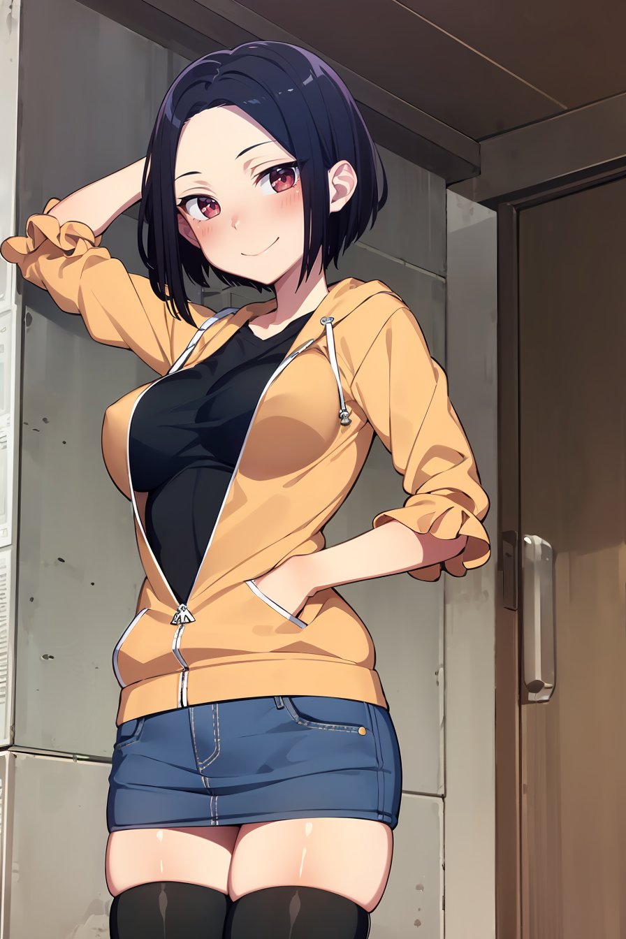 (masterpiece, best quality), 1girl, (solo), looking at viewer,smile, closed mouth, blush,<lora:AngryExGF (Stopman)-offset:1>, Angry-Ex-GF, red eyes, breasts, forehead,orange hoodie, denim skirt, miniskirt, black thighhighs, black undershirt,