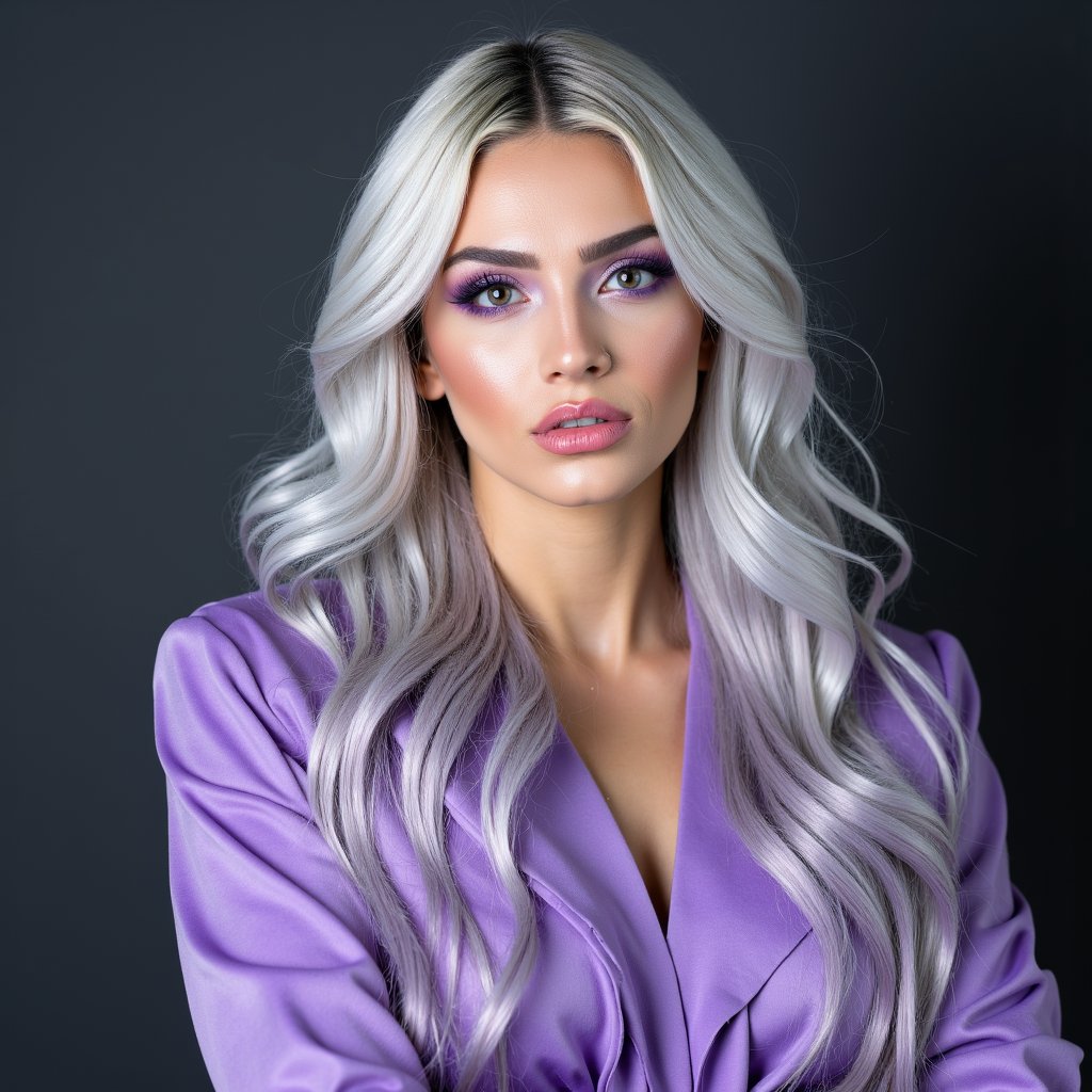 blond woman with long gray hair and purple blouse posing for a picture,modeling photograph kerli koiv,girl silver hair,long silver hair purple tips,color photograph portrait 4k,purple hair portrait of woman,wearing silver hair,flowy white grey hair,long silver hair with a flower,light iridescent hair color,portrait featured on unsplash,4k fashion *****,fashion ***** 8k,fashion portrait photo,blonde and silver hair,silver hair girl,girl with white hair,silver hair,white hair color,lavender and pink eyes,yulia nevskaya,purple makeup,aurora colored hair,long light purple hair,8k artistic portrait photography,lavender hair,fashion photography portrait,kerli koiv,white beautiful hair,style of julia razumova,silver haired,silver white hair,violet color,