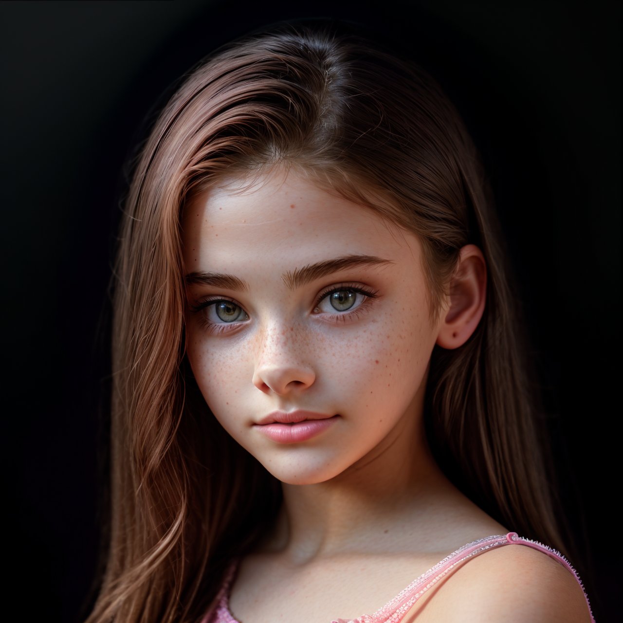 (masterpiece:1.3), best quality view from above, portrait of stunning (AIDA_LoRA_MeW2016:1.06) <lora:AIDA_LoRA_MeW2016:0.86> in (simple pink dress:1.1), [little girl], glossy skin with visible pores and freckles, pretty face, naughty, funny, happy, playful, intimate, flirting with camera, cinematic, kkw-ph1, (colorful:1.1), (studio photo:1.1), (charcoal smoky black background:1.1)