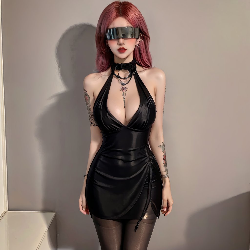 1girl,fair_skin,glamor,slender face,multicolored hair,makeup,fundoshi,eyeshadow,lipstick,light_blush,tattoo,ear_ornament,blindfold,(large breasts),bare shoulders,((standing)),((halter dress)),((black_pantyhose)),<lora:giao-000010:0.8>,<lora:FF_Girl丨多风格lora_v1.0:0.6>,