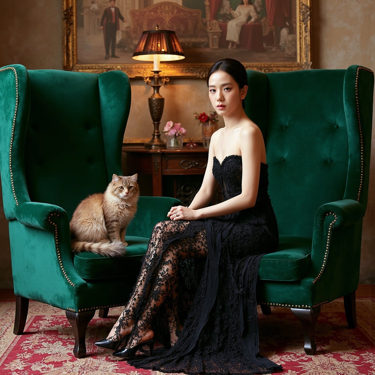 a young korean woman sitting elegantly on a plush green velvet chair in a lavish, ornate room. She is wearing a long, strapless gown with a dark floral pattern, which gives her a classic and refined appearance. Her hair is styled up, and she sits with her hands resting gently on her lap, exuding poise and grace.Next to her, on another matching green velvet chair, sits a fluffy cat, seemingly calm and composed. The two chairs are separated by a small table with a decorative lamp, adding a vintage feel to the setting. The room itself has a luxurious ambiance, with rich textures, a patterned carpet, and stone walls, contributing to the overall opulent atmosphere, <lora:flux_realism_lora:1>, <lora:makinaflux_jisoo_v1.0:1>