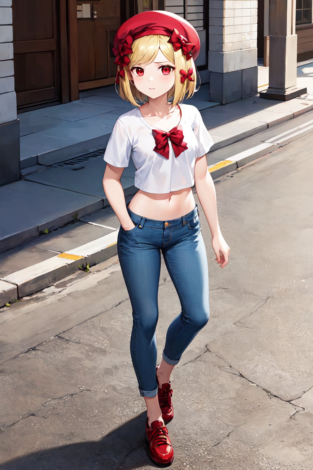 masterpiece, best quality, highres, aalamb, short hair, hair bow, red bow, beret, pink headwear, red eyes, <lora:lambdadelta_v1:0.7>, t-shirt, white shirt, crop top, jeans, street, hand in pocket, 