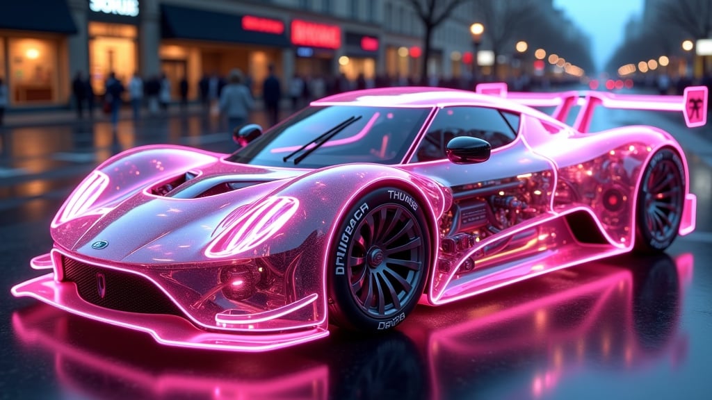 spectacular digital rendering of  a (transparent:1.8) DTM concept hyper car,  revealing internal mechanical components such as engine, car chassis, suspension, and internal wiring, detailed textures, detailed machinery,  accurate lighting and shadows, 8k quality, intricate patterns, high-definition, glossy Pink neon finish, vivid reflections, perfect lighting, busy street at night, BREAK