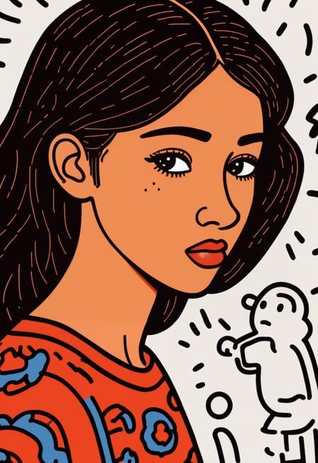 A girl quietly recalls the past, a sad gleam in her eyes, doodle in the style of Keith Haring, flat illustration, sharpie illustration, bold lines and solid colors, minimalist, white background, simple and clean, simple details, vector illustration, 8k