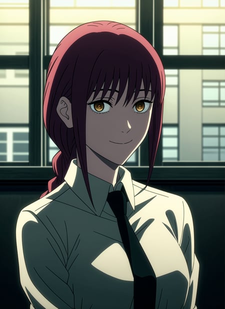 csm anime style, makima \(chainsaw man\), 1girl, solo, necktie, smile, braid, looking at viewer, shirt, black necktie, ringed eyes, collared shirt, braided ponytail, white shirt, red hair, breasts, upper body, medium breasts, bangs, window, formal, yellow eyes, sidelocks, light smile, office lady, medium hair, business suit, suit, ((masterpiece)) <lora:csm_anime_style_offset:1> <lora:makima_offset:0.6>