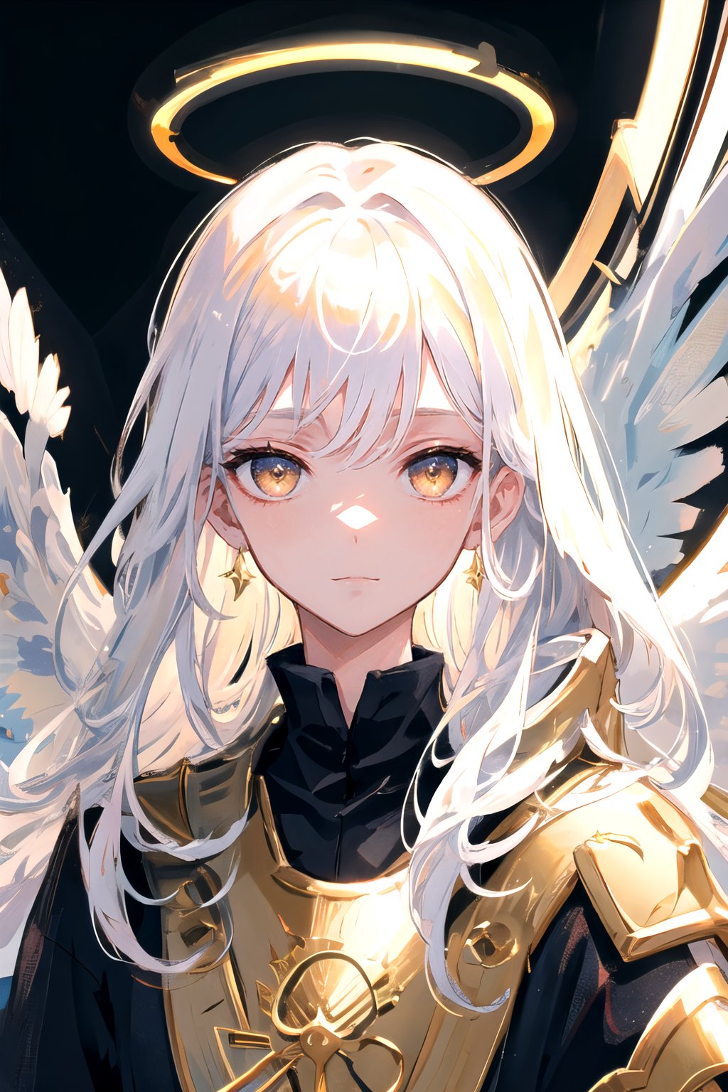 masterpiece, best quality, ultra-detailed, illustration, close-up, straight on, face focus, 1girl, white hair, golden eyes, long hair, halo, angel wings, serene expression, looking at viewer