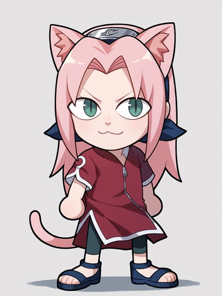 score_9, score_8_up, score_7_up, BREAK,1girl, necoarc, cat ears,haruno sakura, pink hair, long hair, green eyes, red shirt, red qipao , zipper, short sleeves, bike shorts,chibi, slit pupils, solo, full body, white background <lora:necoarc-guy-PONY-v1:1>   <lora:SakuraGeninXL:1>