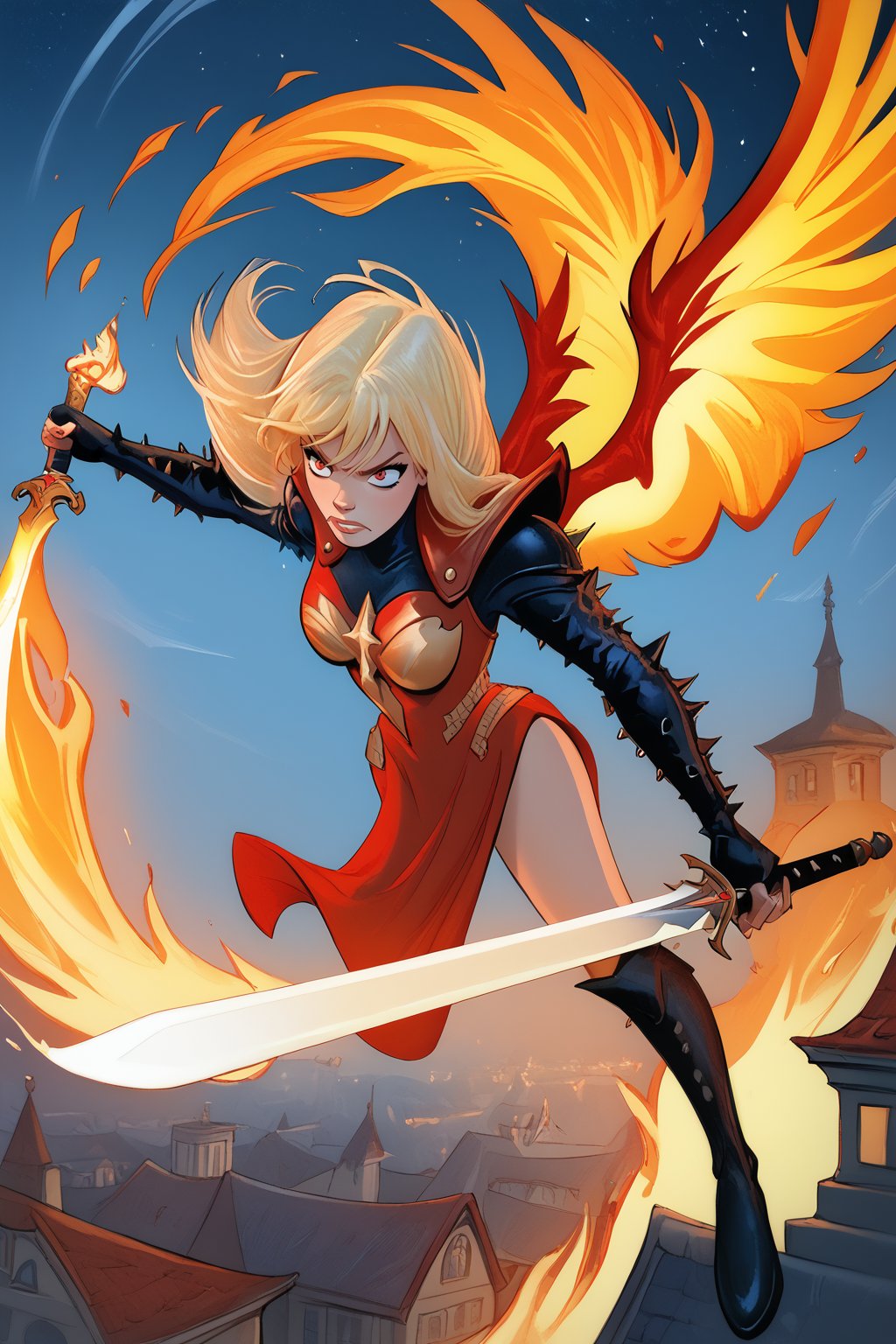 score_9, score_8_up, score_7_up, masterpiece, high quality <lora:Magic Phoenix FivePonyLoRA:0.8>mgik, long hair, bangs, dress, asymetrical sleeves, spikes, fingerless gloves, shoulder armor, fire wings, flying, at night, in a city, angry, sword, holding sword, energy sword, fire, magic <lora:Dean Yeagle StylePonyLyco:1> dystlye