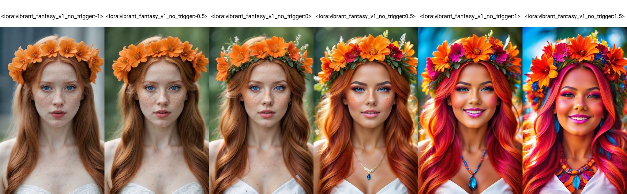 (best quality, 4k, 8k, highres, masterpiece:1.2), ultra-detailed, (realistic, photorealistic, photo-realistic:1.37),hyper realistic, 1girl,long hair,looking at viewer,realistic proportions,blue eyes,hair ornament,dress,very long hair,flower,red hair,parted lips,necklace,white dress,orange hair,lips,blurry background,freckles,realistic,head wreath,orange flower,realistic portrait<lora:vibrant_fantasy_v1_no_trigger:-1>