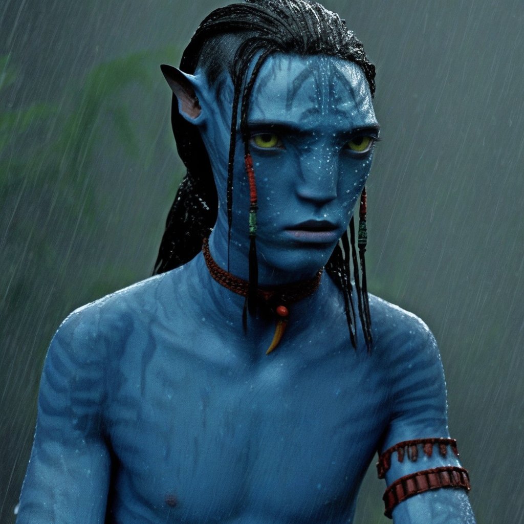 Lo’ak, na’vi, blue skin, freckles, black braids, tribal jewelry, male, 1boy, in the rainy jungle, wet, serious face, upper body, tail, realistic_eyes, skin details, extreme details, HDR, HD resolution, movie scene, movie still