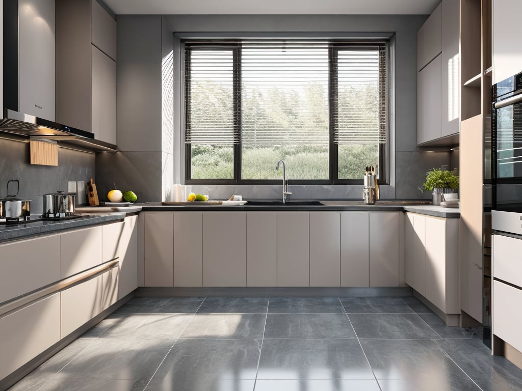 kitchen, plant, tile wall, tiles, window, fruit, indoors, food, stove, faucet, refrigerator, ceiling light, black theme, tile floor, frying pan, no humans, interior design, rendering style, cutting board, microwave, apple, kitchen knife, sunlight, window blinds, front view, grey tiles