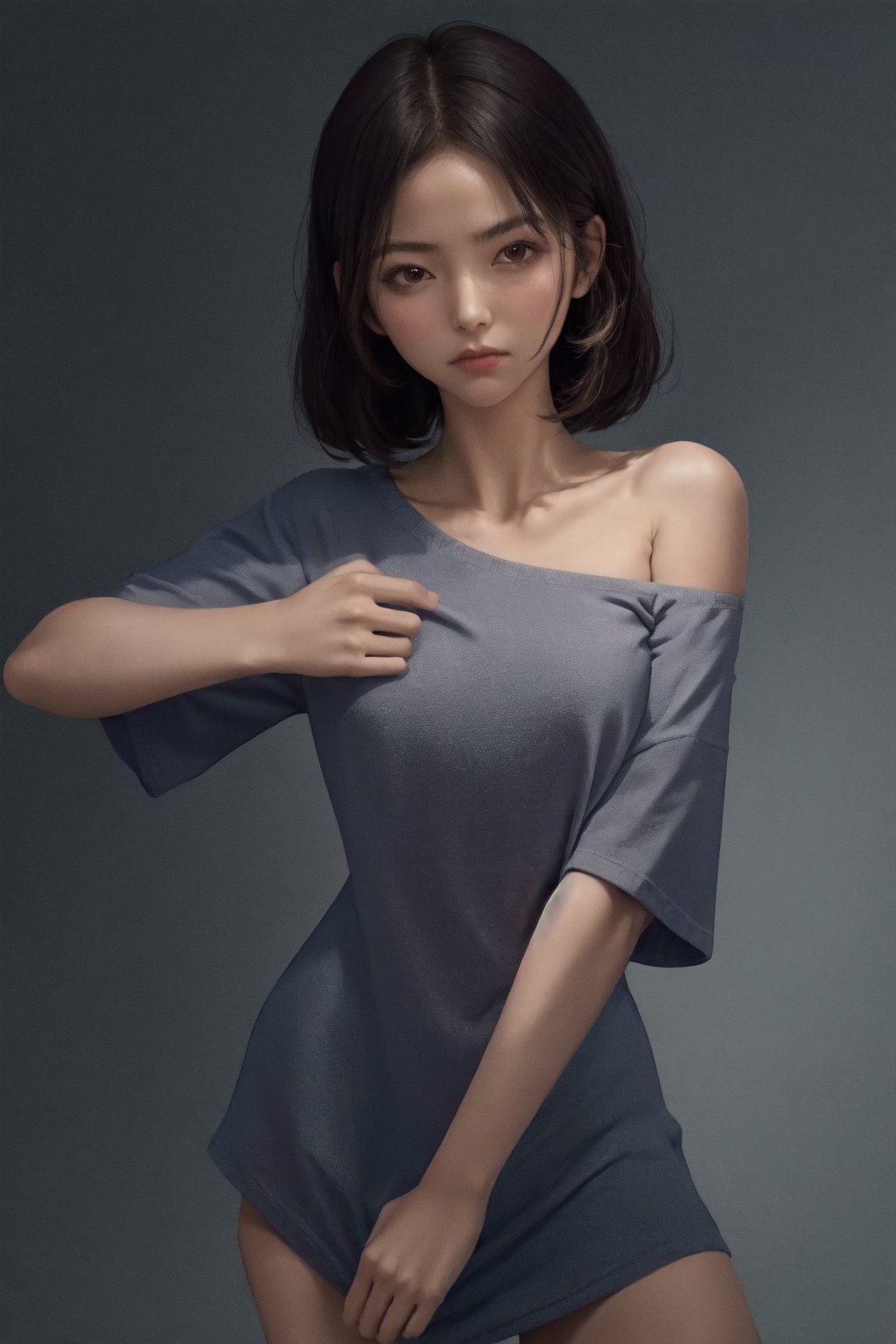 masterpiece, best quality, highres, 1girl single bare shoulder, shirt tug<lora:giorno_giovanna_jojo_pose_d32_pruned:1> <lora:single_bare_shoulder_24re_d16:0.8> <lora:shirt_tug:0.8>