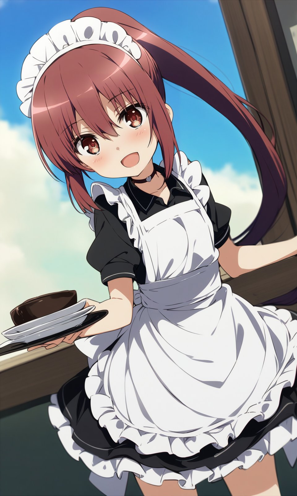 masterpiece, best quality, by ogipote, BREAKsuzukiikumi, 1girl, :d, alternate costume, apron, brown eyes, brown hair, choker, enmaided, frilled apron, frilled dress, frills, long hair, maid, maid apron, maid headdress, open mouth, plate, ponytail, red hair, sky, smile, solo, tray, white apron, <lora:SuzukiIkumi_XL:1>