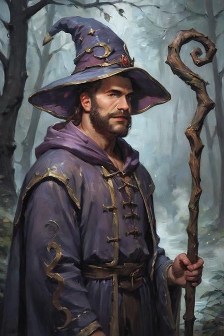 score_9, score_8_up, score_7_up, oil painting, traditional media, realistic, 1boy, solo, male focus, mature male, wizard, long hair, brown hair, black eyes, looking at viewer, hat, facial hair, beard, mustache, staff, wizard hat, purple hat, robe, purple robe, cloak, holding, holding staff, upper body, standong, outdoors,  forest, nature, tree, fog, dark background <lora:Eldritch Oil Style LoRA_Pony XL v6:1>