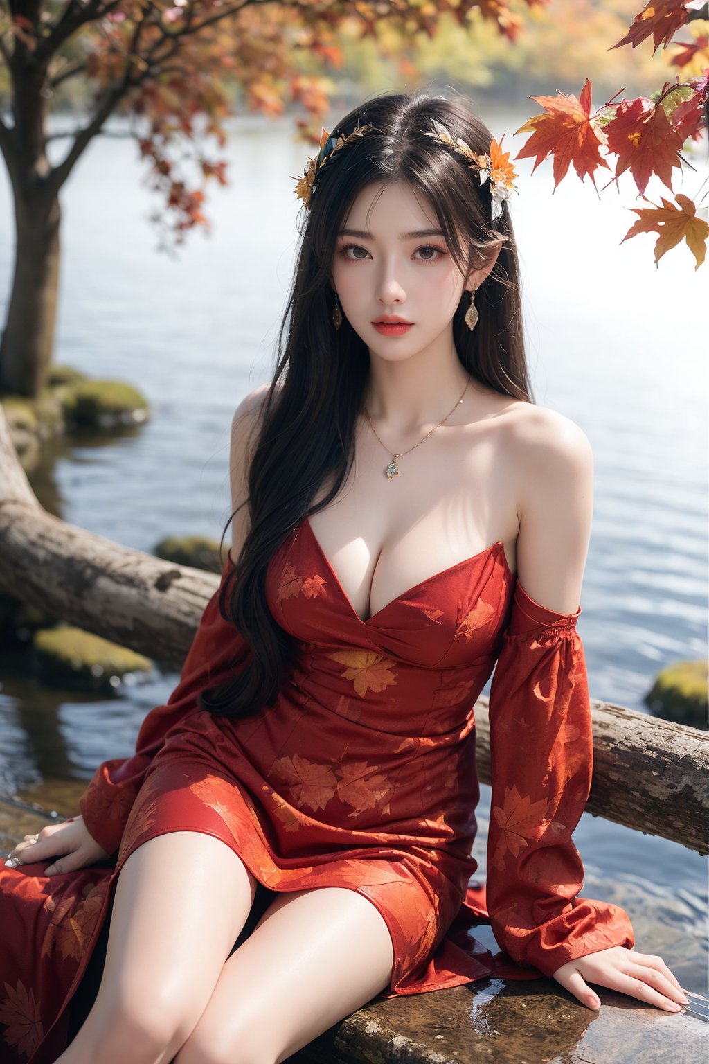 1girl, autumn leaves, bare shoulders, black hair, branch, breasts, cleavage, detached sleeves, dress, earrings, flower, hair ornament, jewelry, leaf, lily pad, lips, long hair, looking at viewer, maple leaf, necklace, petals, red dress, sitting, solo, tree, very long hair, waterflower <lora:美女:0.8>