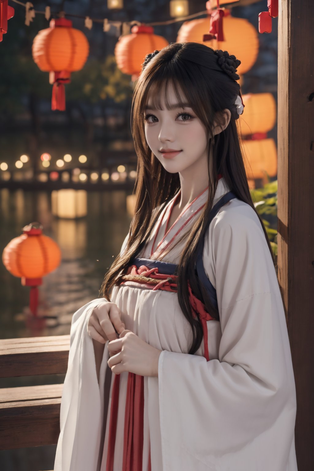 Cinematic Lighting,panorama,dynamic_angle,((new year)),((lantern festival)),fantasy,realistic,reality,night,smile,facing viewer,cinematic_angle,masterpiece,best quality,highly detailed,Amazing,finely detail,extremely detailed CG unity 8k wallpaper,score:>=60,gufenghanfu,1girl,looking at viewer,white dress,hanfu,long sleeves,wide sleeves,standing,<lora:lihua1-000006:0.7>,upper body,large breasts,<lora:capricornus _前任回忆录_V2.5:0.7>,