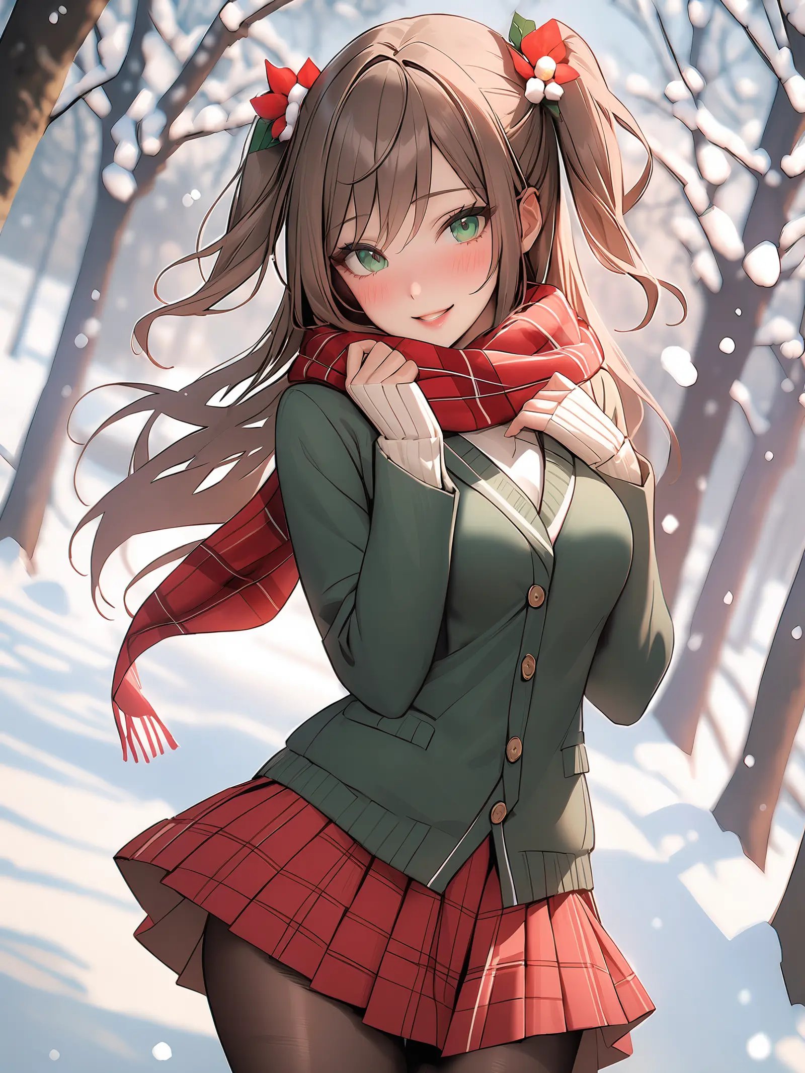 <lora:Korean style:1>,1girl,solo,green eyes,long hair,brown hair,scarf,pantyhose,skirt,smile,snow,hair ornament,hair flower,looking at viewer,red scarf,flower,outdoors,black pantyhose,cardigan,dutch angle,snowing,blush,pleated skirt,plaid,two side up,tree,plaid scarf,winter,school uniform,jacket,, masterpiece, best quality,