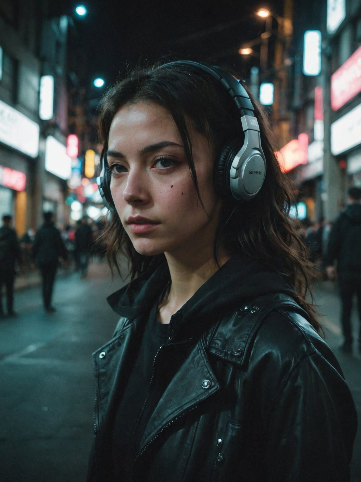 cinematic film still, photo of a girl, cyberpunk, neonpunk, headset, city at night, sony fe 12-24mm f/2.8 gm, close up, 32k uhd, wallpaper, analog film grain, SONY headset <lora:aesthetic_anime_v1s:0.4> <lora:AnalogRedmondV2-Analog-AnalogRedmAF:0.65> <lora:add-detail-xl:1>