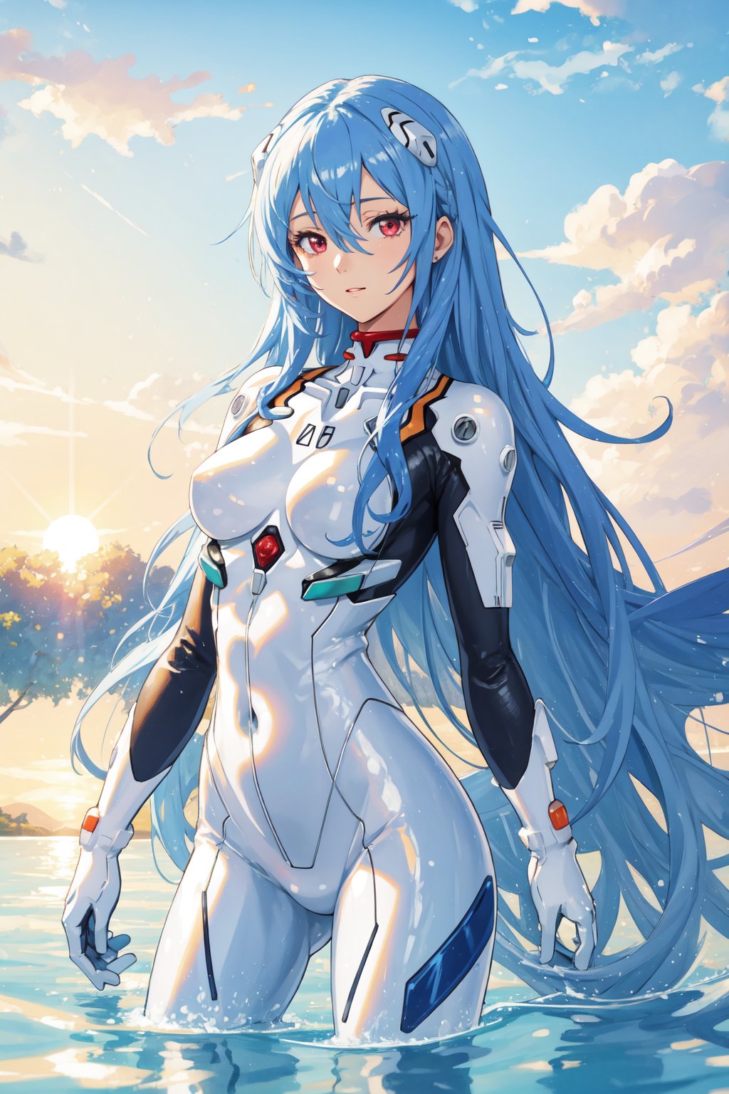 <lora:Rei-000011:0.6>,Rei CYQL,1girl,looking at viewer,solo,blue hair,red eyes,hair between eyes,medium breasts,(Rei 00,long hair,very long hair,hair between eyes,hair spread out,white bodysuit,plugsuit,interface headset,bodysuit,two-tone sleeves),giggling,panorama,Mountain stream,Swimming,Afternoon sun,Clear water,Nature sounds,Refreshment,(Lemon trees, Citrus fragrance, Lemon orchard, Morning sunlight, Mediterranean landscape, Harvest time:0.5),beautiful detailed sky,beautiful detailed glow,posing in front of a colorful and dynamic background,masterpiece,best quality,beautiful and aesthetic,contrapposto,female focus,wallpaper,