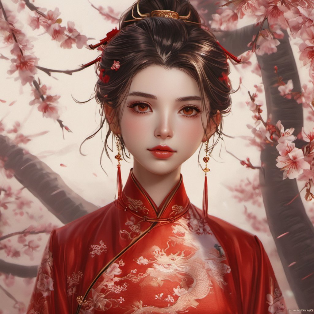 <lora:xcfs-000008:0.8>,xcfs,1girl,solo,hair ornament,jewelry,earrings,brown eyes,chinese clothes,flower,looking at viewer,upper body,realistic,long hair,black hair,dress,lips,makeup,branch,ponytail,red lips,brown hair,closed mouth,hair flower,cherry blossoms,hair stick,