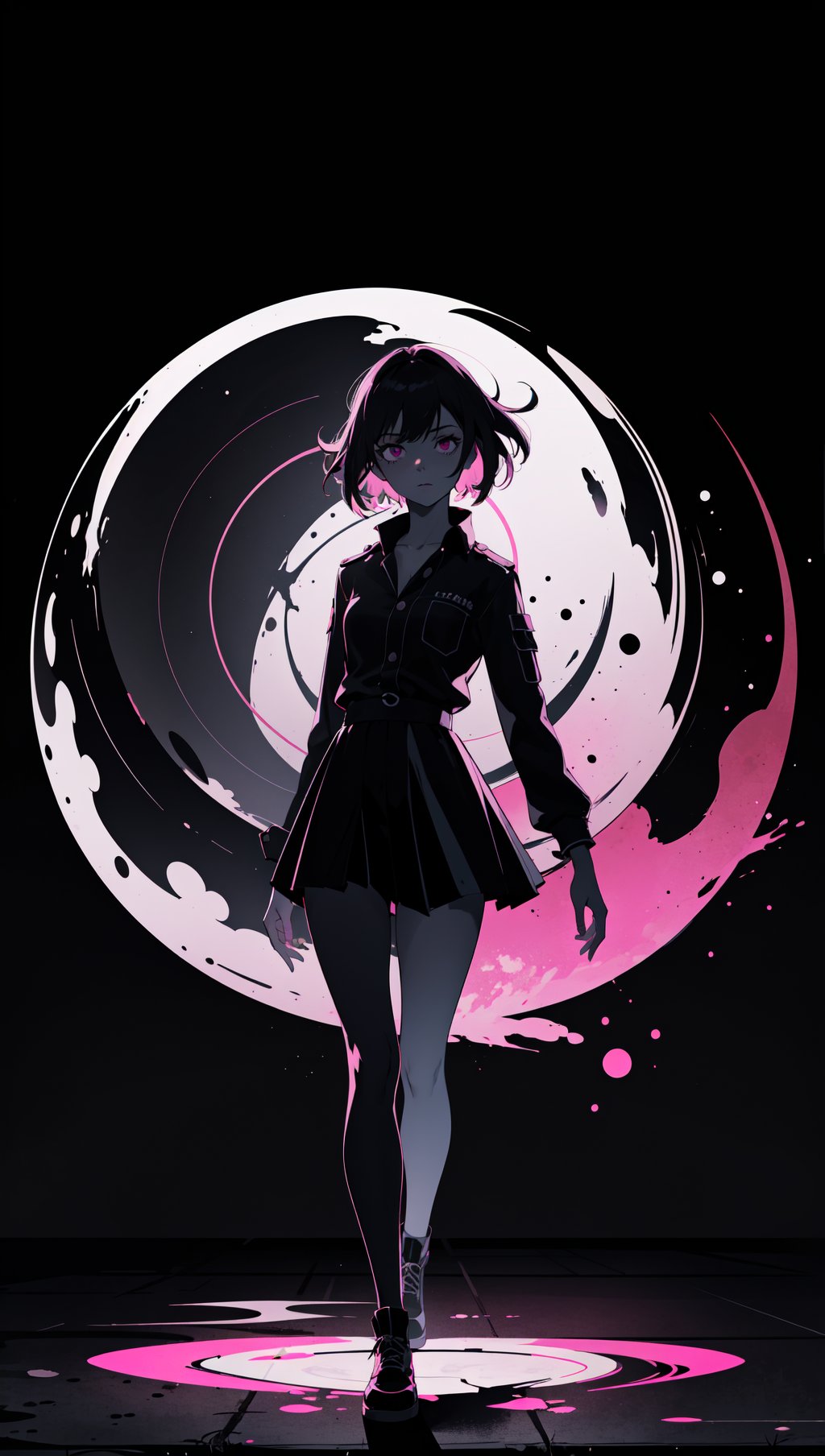 (silhouette:1.25),1girl,dark background,blacklight,mid shot,full body,somber expression,looking down,dark energy,vibrant magenta,portal to another world,flat color,flat shading,ultra realistic,highres,superb,8k wallpaper,extremely detailed,intricate,limited palette,pink,