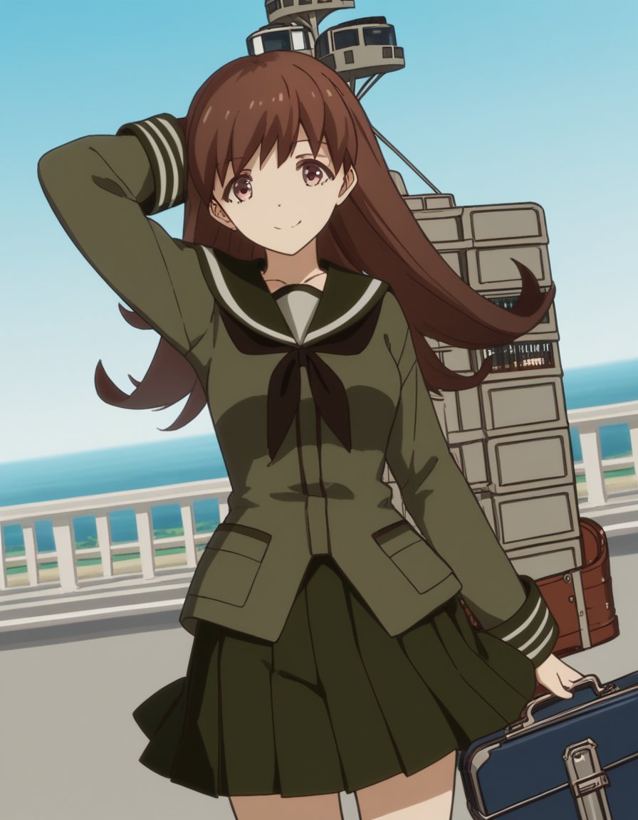 score_9, score_8_up, score_7_up, source_anime, <lora:kacolle-ooi-s1-ponyxl-lora-nochekaiser:1>, ooi, long hair, brown hair, brown eyes, ooi (kancolle), skirt, school uniform, pleated skirt, serafuku,, airport, waiting area, suitcase, flight delayed, passengers, reading book, , looking at viewer, hand behind head, smile,, solo,, cowboy shot, dutch angle