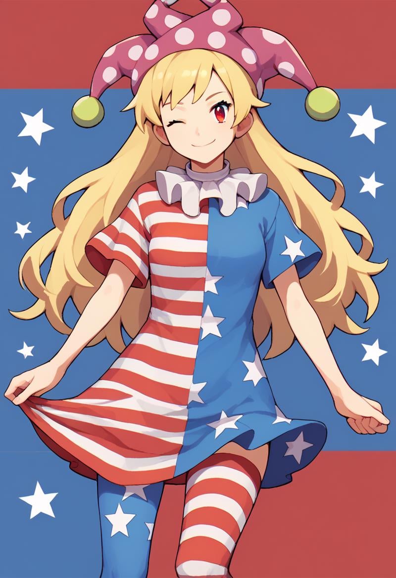 score_9, score_8_up, score_8, score_9, 1 girl,  source_anime, <lora:clownpiece_pony-10:1>, jester cap, neck ruff, blonde hair, american flag legwear, american flag dress, clownpiece, red eyes, long hair, detailed background, short sleeves, one eye closed,  <lora:KJA5:0.8>