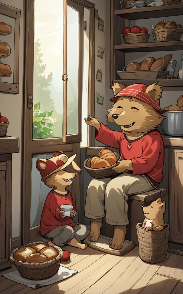 comic_style,children's_painting_style,bread,food,hat,window,spoon,smile,indoors,red shirt,closed eyes,bear,shirt,furry,sitting,standing,bowl,no humans,dog,pants,long sleeves,clothed animal,basket,looking at another,^ ^,barefoot,bucket,eating,door,furry male,1boy,holding,animal,open mouth,<lora:好吃米-儿童绘本:0.8>,