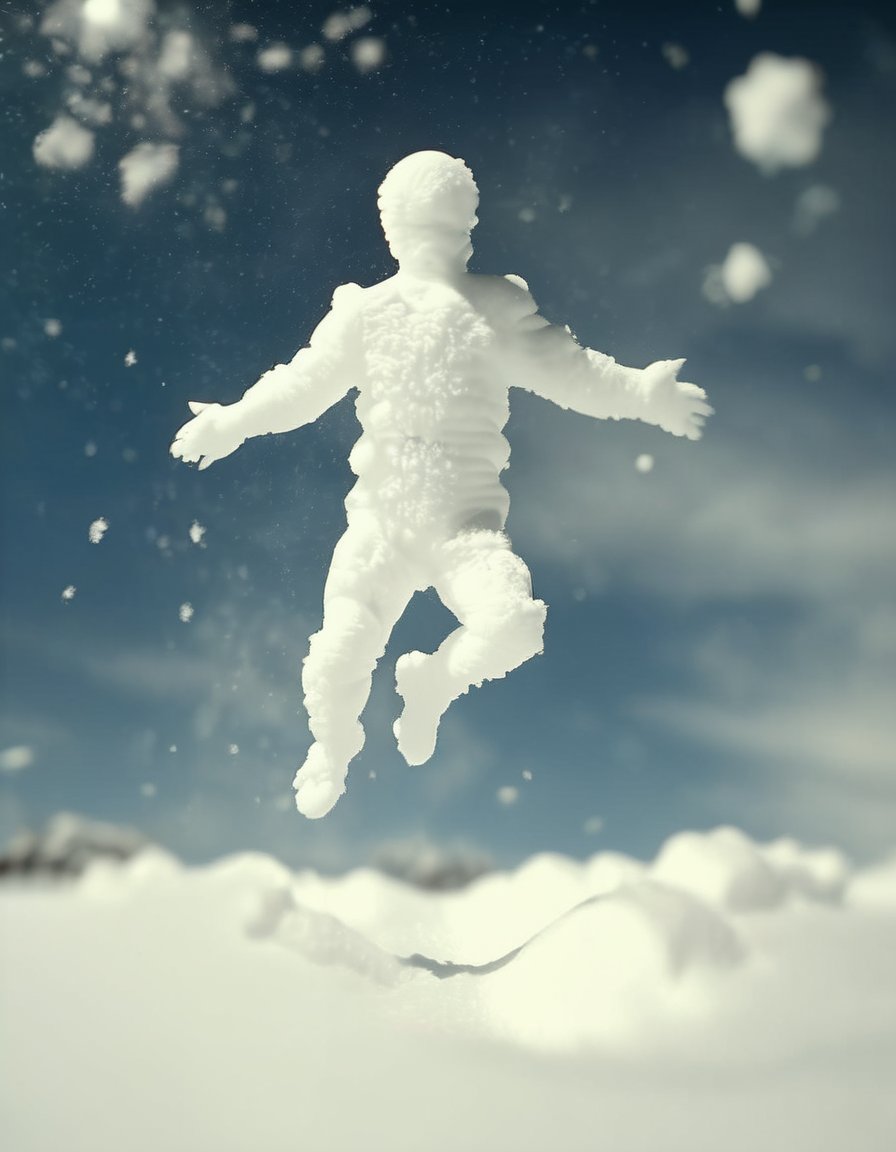 <lora:Aether_Snow_v1_SDXL_LoRA:1.0> photo of a jumping man made of snow, in space, cinematic