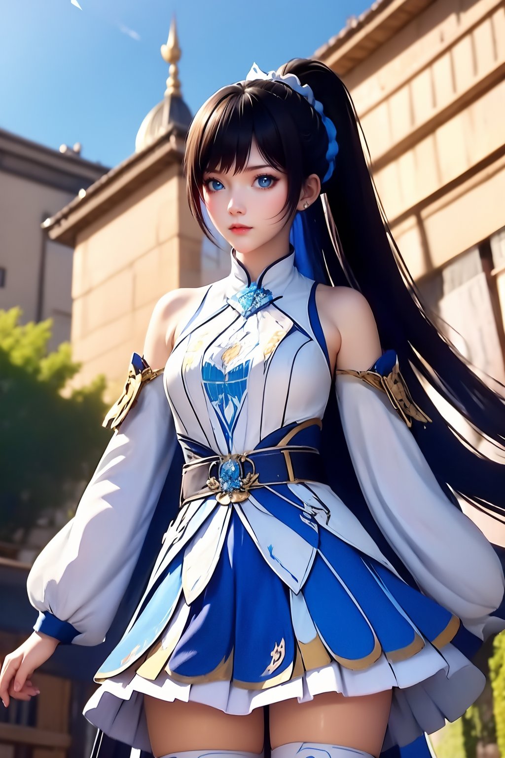 1girl, solo, ponytail, black hair, blue sky, blue eyes, building, thighhighs, sky, dress, long hair, hair ornament, looking at viewer, blurry background, clothing cutout, skirt, white dress, white thighhighs, outdoors, blurry, long sleeves, upper body, bare shoulders, blue dress