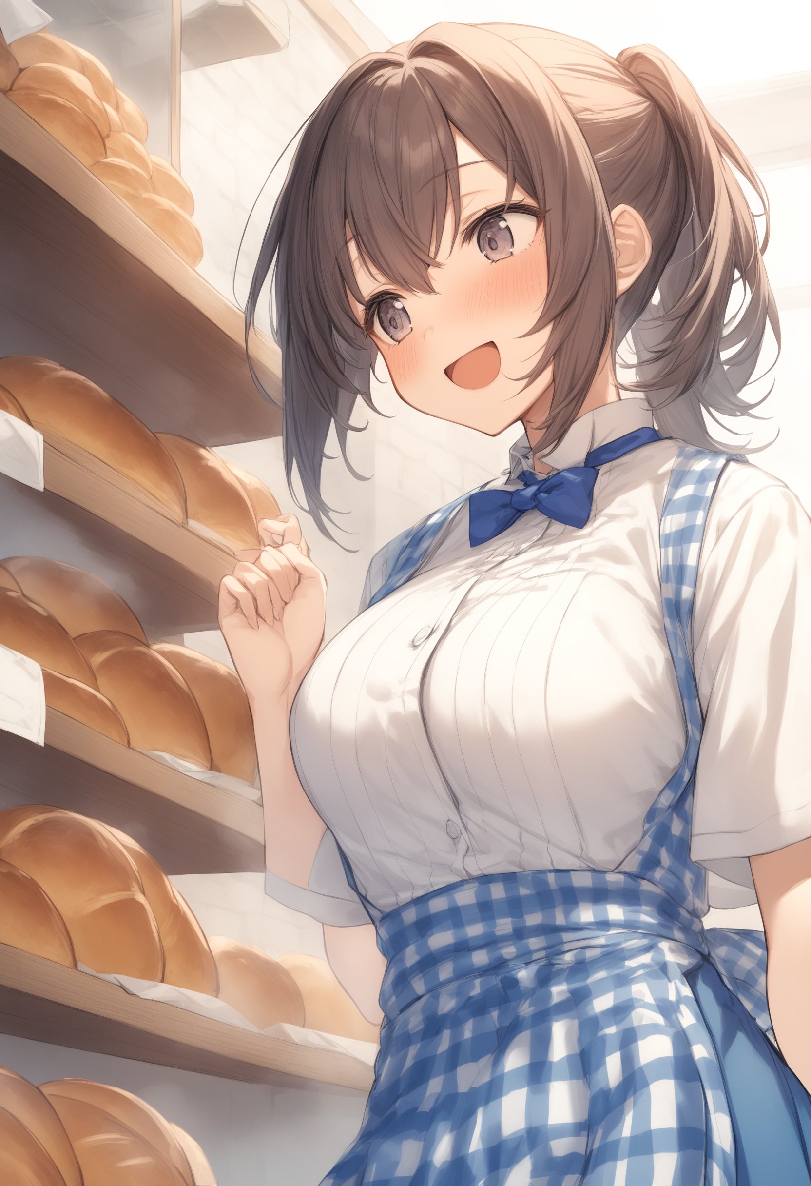 1girl, <lora:sdxl2-flat2-512b:-1>,medium breasts,<lora:kobeyaXLv1:0.8>,kobeya uniform,blue skirt, blue neckwear, gingham apron, Bakery,dutch angle, upper body, looking away, sad smile,  open mouth,best quality,medium quality,