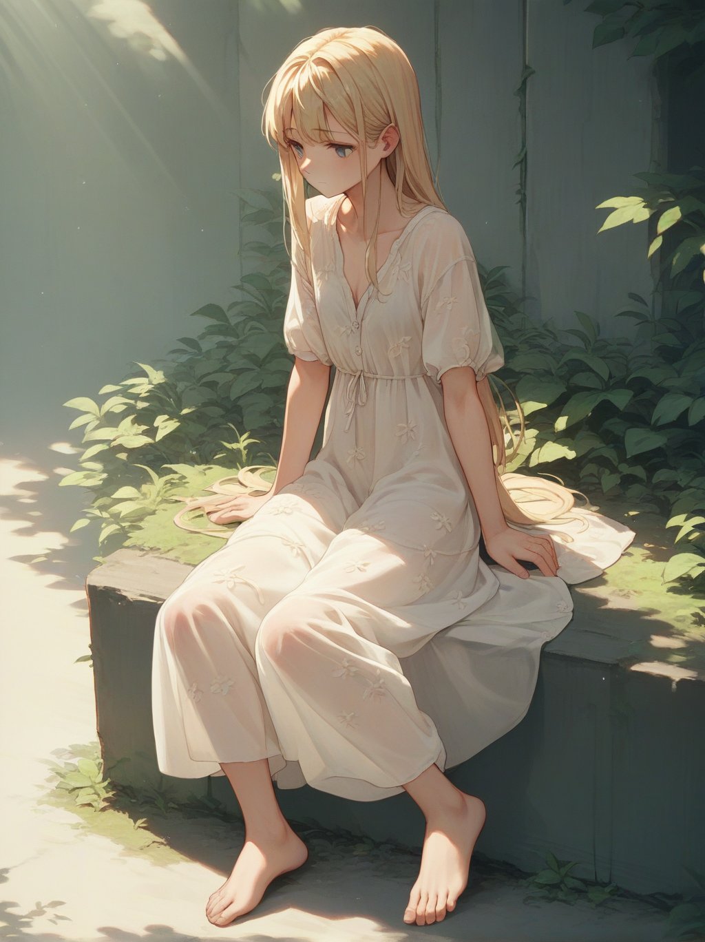 score_9, score_8_up, score_7_up, score_6_up, source_anime, <lora:linen_dress_v0.1-pony:1> 1girl, long hair, blonde hair,  linen dress, sitting, dappled sunlight, barefoot, see-through, 