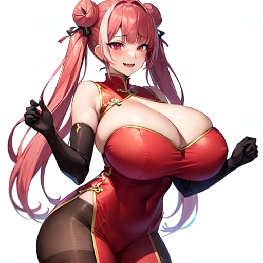 1girl, solo, original, chinese clothes, red dress, brown bodysuit, brown pantyhose, cleavage, cleavage cutout, bare shoulders, detached sleeves, red eyes, pink eyes, streaked hair, long hair, twintails, cone hair bun, huge breasts, curvy, thick thighs, bouncing breasts, seductive smile, naughty face, lewd, sexy, hot, glamorous, blunt bangs, standing, cleft of venus, white background, simple background, anime screencap, anime coloring, key visual, studio anime, standing, 