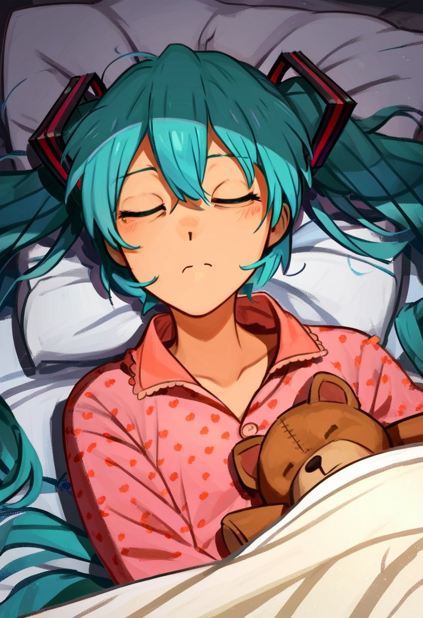 rating_safe, score_9, score_8_up, score_7_up, score_6_up, 1girl, hatsune miku, pajamas, night, sleeping, stuffed toy, object hug, pillow, bed sheet, sleeping, solo, upper body,