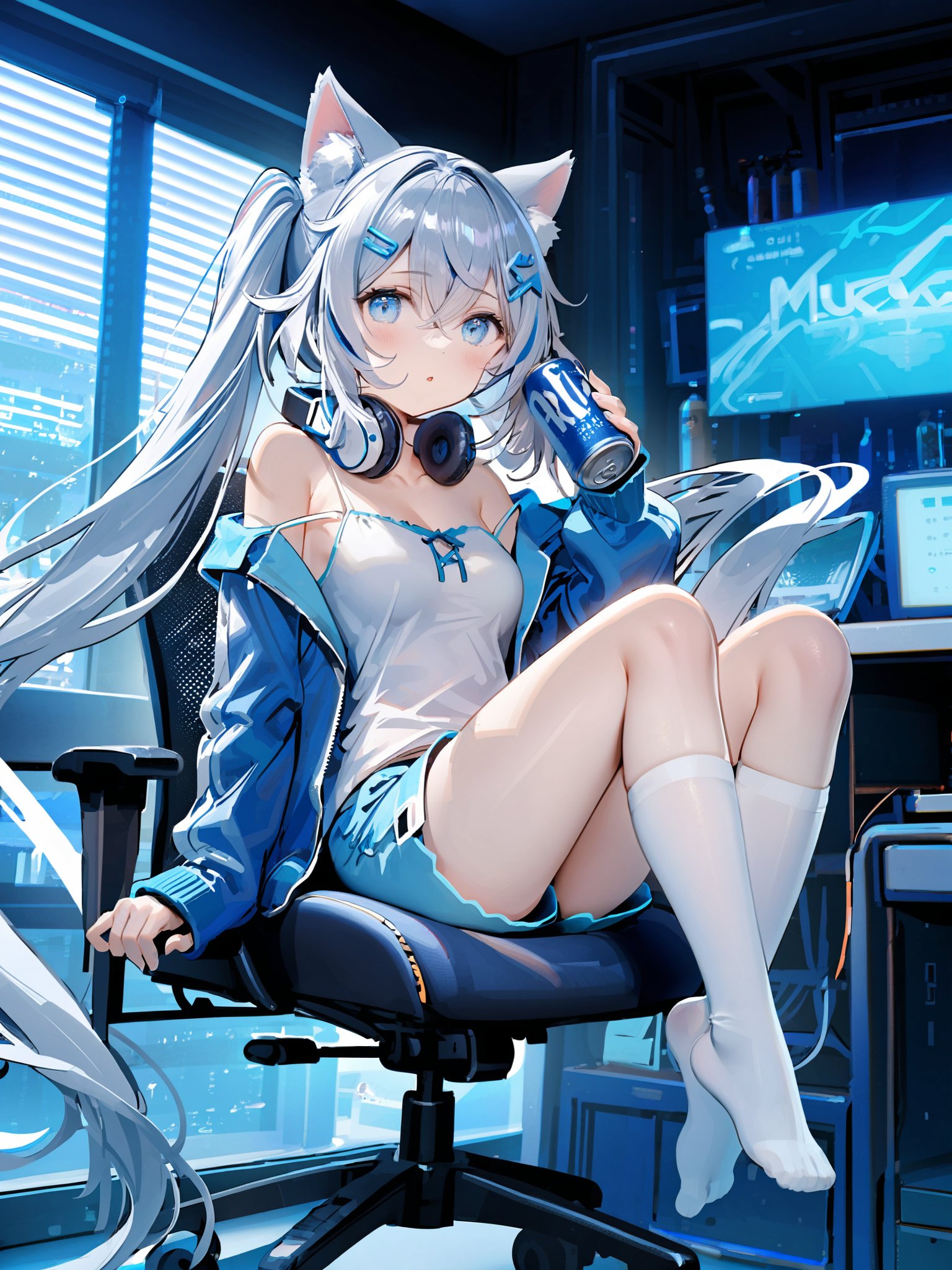 1girl,animal ears,solo,blue eyes,headphones,open jacket,holding,jacket,blue jacket,short shorts,socks,open clothes,hair ornament,long hair,shorts,animal ear fluff,twintails,parted lips,headphones around neck,off shoulder,can,bangs,cat ears,strap slip,sitting,holding can,breasts,looking at viewer,hairclip,white camisole,blush,no shoes,bare shoulders,camisole,white hair,very long hair,small breasts,collarbone,chair,hair between eyes,knees up,blue shorts,ribbed legwear,on chair,:o,indoors,long sleeves,white shirt,soles,energy drink,sleeves past wrists,white socks,mercury,Noyu,