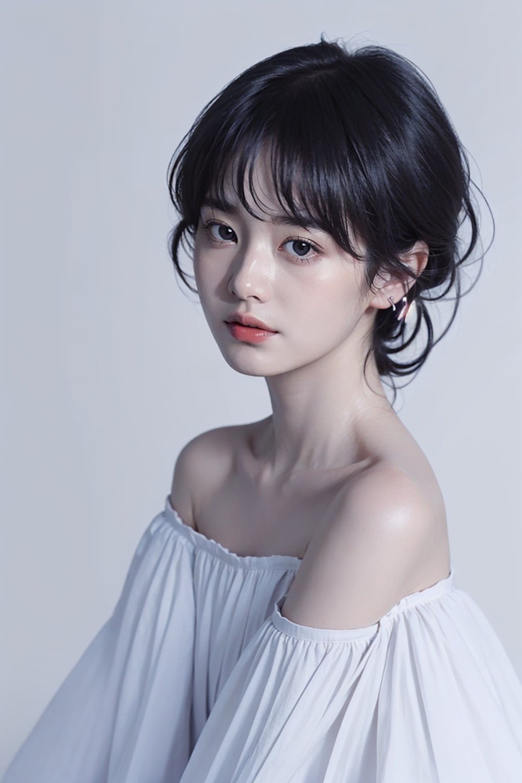 1girl,offshoulder,deep shadow,white background,simple background,body facing the lens,look at the camera,<lora:高质量调节器_v1.0:-4>,