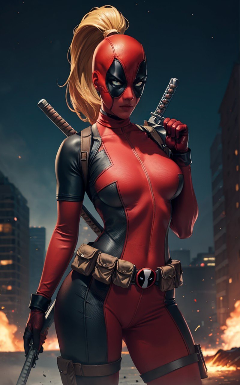 masterpiece, best quality, highres, contrapposto,BodySuit_lady_deadpool_ownwaifu,1girl, mask, blonde hair, ponytail, long hair, large breasts, no pupils, bodysuit, skin tight, superhero, belt pouch, utility belt, red bodysuit, gloves, weapon on back, thigh pouch, thigh strap, thigh holster, belt buckle, turtleneck, <lora:MARVEL_lady_deadpool_ownwaifu:0.7> ,light particles, depth_of_field, scenery, night, aerial fireworks, solo, cowboy shot, looking at viewer,